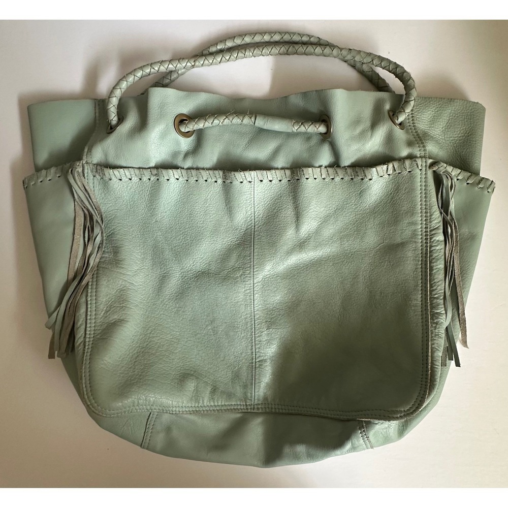 Free People Jolene Tote Bag Mint Green Leather Fringe Braided Large Slouchy Boho